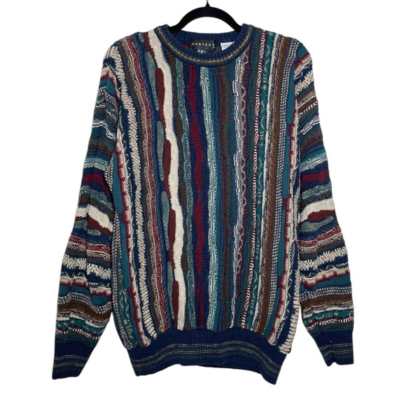 Vintage Context Navy Blue Burgundy Cream 3D Textured Knit Sweater Medium Flaw